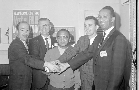 Members of the first Carson City Council pose together on Feb. 6, 1968. L to R: H. Rick Clark, John A. Marbut (mayor), Sak Yamamoto, John L. Junk, Gilbert D. Smith. (Daily Breeze staff file photo by Jack Wyman)