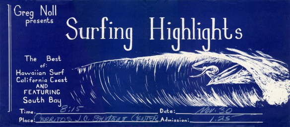 Poster for Greg Noll's 1960 surf film, advertising a screening at Cerritos College.