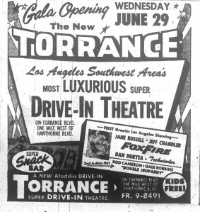 Torrance Drive-In Theatre grand opening ad from the Daily Breeze, Tuesday, June 28, 1955, Page 2.