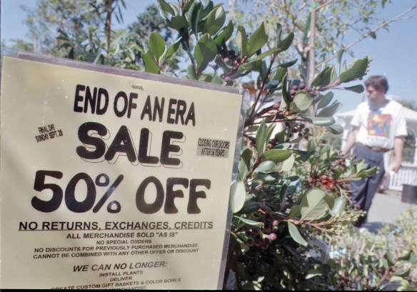 Outdoor sign promotes going-out-of-business sale at the Palos Verdes Begonia Farm on Sept. 28, 1999. (Daily Breeze file photo)