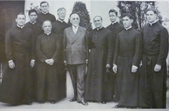 Dr. Gregorio Del Amo is flanked by Claretian priests at the 1927 opening of the Dominguez Memorial Seminary in 1927. (Photo: Del Amo Estate Company)