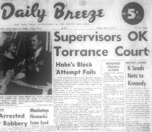 The Daily Breeze reports the Board of Supervisors vote on the front page of its May 16, 1961 edition. Click to enlarge.