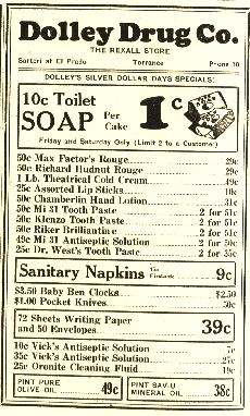 Typical ad for Dolley Drug Co., Torrance Herald, June 8, 1933, Page 2. (Credit: Torrance Newspaper Archives database, Torrance Public Library)