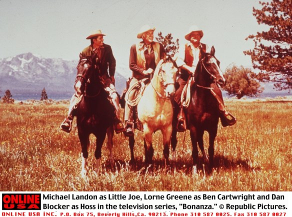 From left, Michael Landon as Little Joe, Lorne Greene as Ben Cartwright and Dan Blocker as Hoss in the television series, "Bonanza." 1959-1973. One of Landon's horses used in the series is buried at Pet Haven Cemetery. (Getty Images)