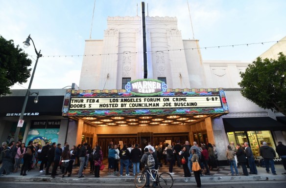 A crowd gathers and waits for the door s to open and enter the Warner Grand Theater in San Pedro, for the Los Angeles Forum on Crime. San Pedro Calif., Thursday, February,4, 2016. (Daily Breeze staff file photo by Stephen Carr) (Photo by Stephen Carr / Daily Breeze)