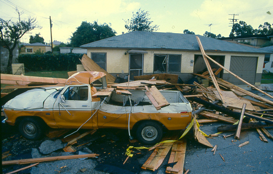 Damage on Florwood Avenue in Hawthorne caused by the Sept. 30, 1983, tornado that struck there. Photo by Daily Breeze Staff Photographer Brad Graverson.
