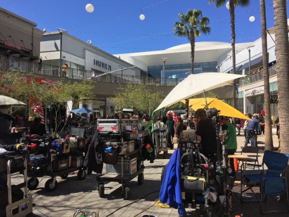 The lifestyle wing at Del Amo Fashion Center in Torrance is transformed into a Christmas shopping scene for the upcoming film, "Why Him?" March 23, 2016. (Chuck Bennett / Daily Breeze Staff Photographer)