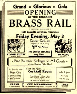 Torrance Herald ad from May 2, 1935, promotes the grand opening of the Brass Rail at 1625 Cabrillo on May 3. (Credit: Torrance Historical Archives database, Torrance Public Library)