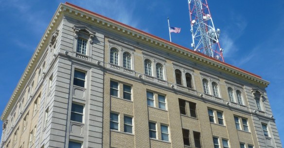 Bars can be seen behind the top floor windows of the former "Seventh Heaven" jail at the San Pedro Municipal Building. (March 2016 Daily Breeze photo)
