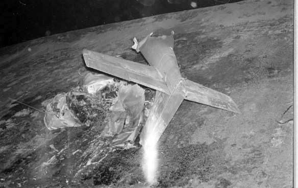 Remains of the twin-engine plane after a crash and fire following takeoff from Torrance Municipal Airport on Nov. 9, 1963. (Daily Breeze staff file photo)