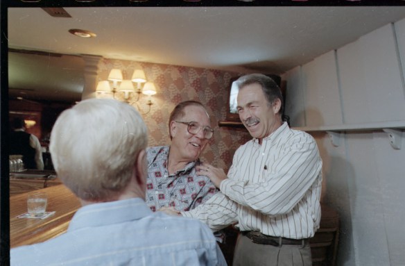 Gerry Del Conte, right, laughs with longtime customer Dave Beech on the restaurant's last day, Feb. 3, 1999. (Brad Graverson / Staff Photographer)