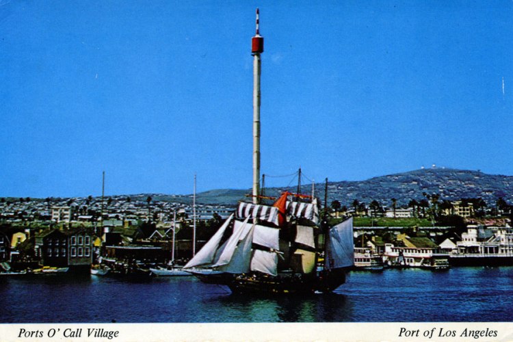 Undated 1970s-era postcard shows Ports O' Call Village with the 365-foot high Skytower. The "Buccaneer Queen" in the foreground.