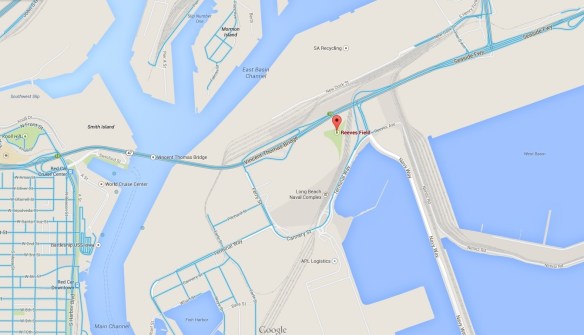 Reeves Field was located between present-day Terminal Way and the Seaside Freeway on Terminal Island. (Google Maps)