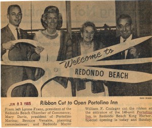 Giant ribbon-cutting scissors are once again called into action as the Portofino Inn holds its grand opening. Mary Davis is second from left in this Jan. 23, 1965 Daily Breeze clipping.