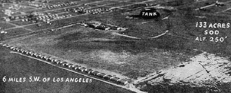 An aerial view looking southwest at Dycer Airport at 94th Street and Western Avenue, just east of Inglewood. Large hangars can be seen at left top, with smaller ones at bottom. (Credit: Airport Directory Company's 1933 Airports Directory, courtesy Chris Kennedy / Abandoned & Forgotten Airports website)