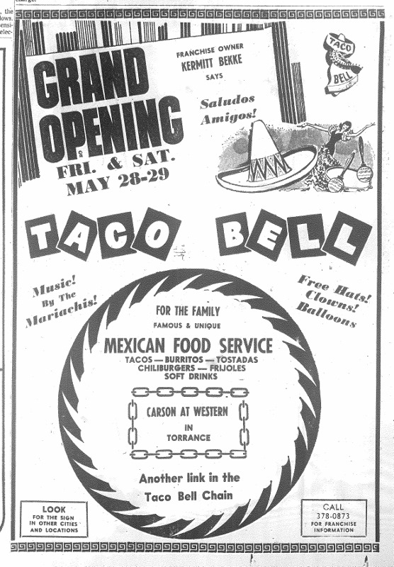 Ad announcing the opening of Kermit Bekke's Taco Bell in Torrance, from the Daily Breeze, May 27, 1965, Page 16.