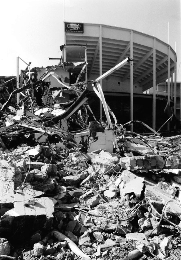 One of the main tanks at Marineland under demolition in this Feb. 16, 1988 Daily Breeze file photo by staff photographer Jack Lardomita.